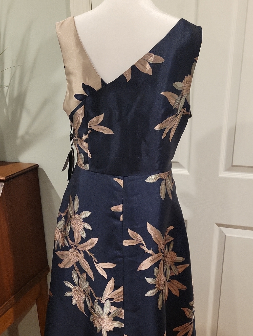 Adrianna Papell Sleeveless Navy Dress with Rose Gold Floral Jacquard - Picture 9 of 11